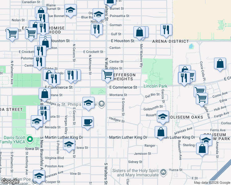map of restaurants, bars, coffee shops, grocery stores, and more near 2629 East Commerce Street in San Antonio