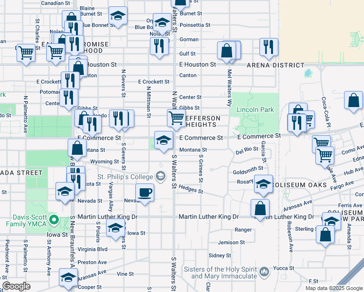 map of restaurants, bars, coffee shops, grocery stores, and more near 2629 East Commerce Street in San Antonio