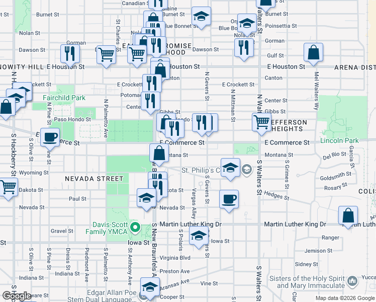 map of restaurants, bars, coffee shops, grocery stores, and more near 2314 East Commerce Street in San Antonio