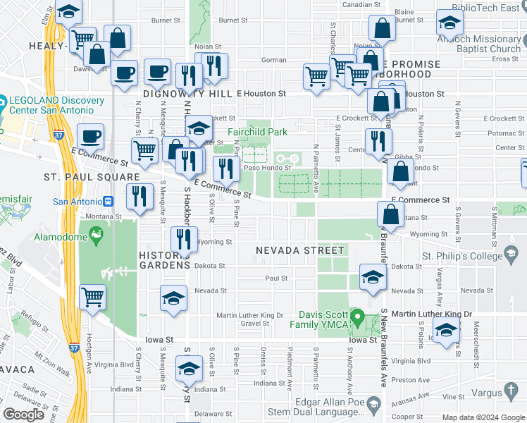 map of restaurants, bars, coffee shops, grocery stores, and more near in San Antonio