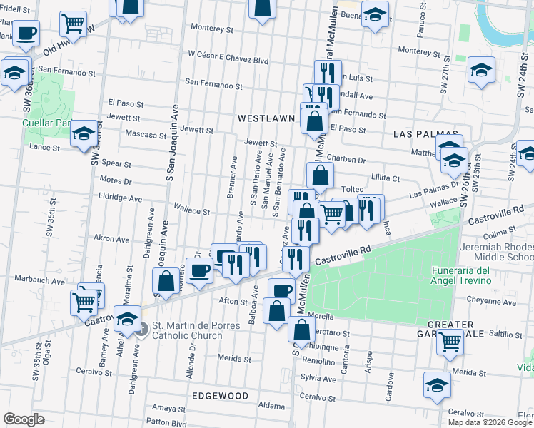 map of restaurants, bars, coffee shops, grocery stores, and more near 830 South San Dario Avenue in San Antonio
