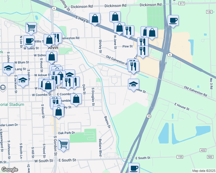 map of restaurants, bars, coffee shops, grocery stores, and more near 810 East House Street in Alvin