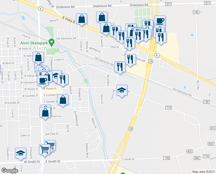 map of restaurants, bars, coffee shops, grocery stores, and more near 968 East House Street in Alvin