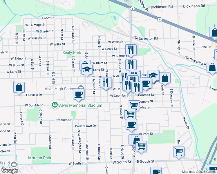 map of restaurants, bars, coffee shops, grocery stores, and more near 403 West Cleveland Street in Alvin