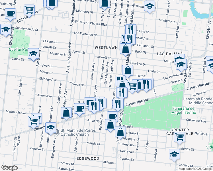 map of restaurants, bars, coffee shops, grocery stores, and more near 830 South San Dario Avenue in San Antonio