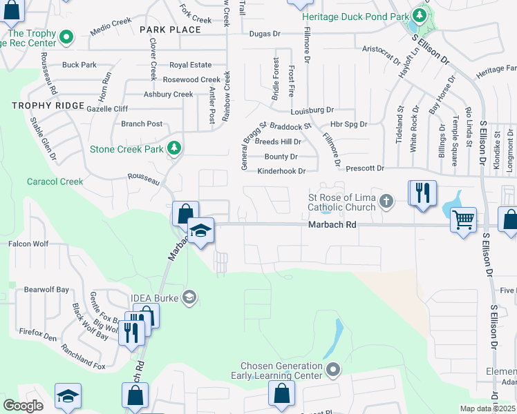 map of restaurants, bars, coffee shops, grocery stores, and more near 10229 Robbins Creek in San Antonio
