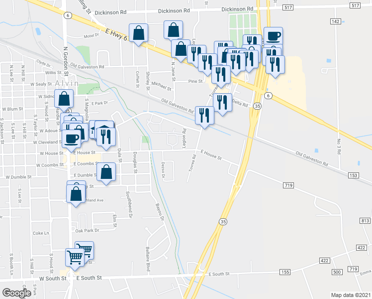 map of restaurants, bars, coffee shops, grocery stores, and more near 923 East House Street in Alvin