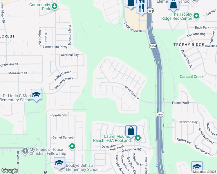 map of restaurants, bars, coffee shops, grocery stores, and more near 11439 Creek Eagle in San Antonio