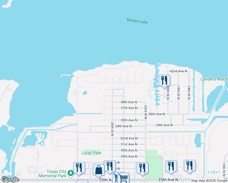 map of restaurants, bars, coffee shops, grocery stores, and more near 2522 40th Avenue North in Texas City