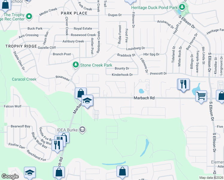 map of restaurants, bars, coffee shops, grocery stores, and more near 10229 Robbins Creek in San Antonio