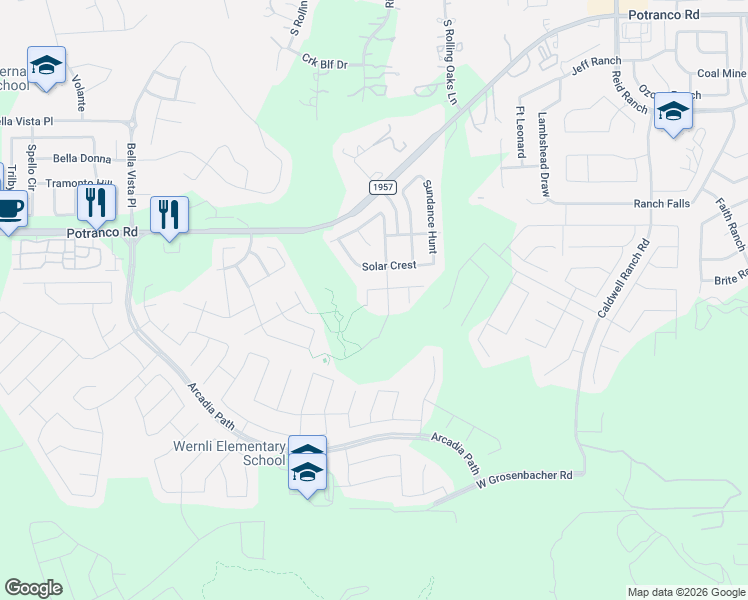 map of restaurants, bars, coffee shops, grocery stores, and more near 13323 Sunset Rainbow in San Antonio