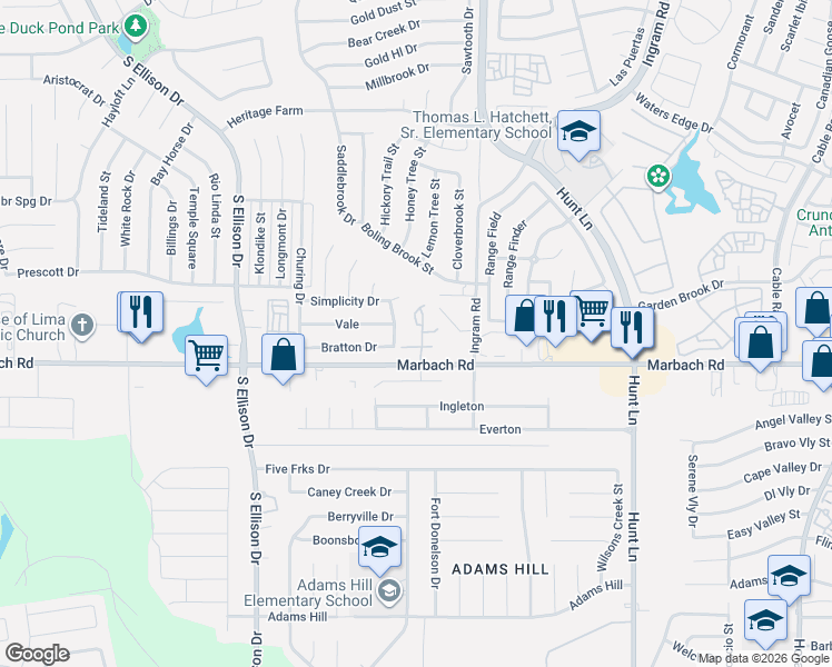map of restaurants, bars, coffee shops, grocery stores, and more near 65 Autumn Pass in San Antonio