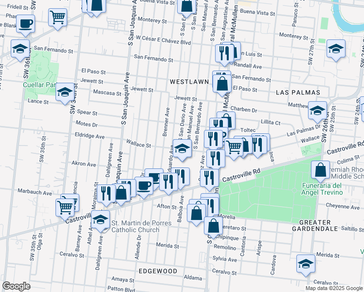 map of restaurants, bars, coffee shops, grocery stores, and more near 830 South San Dario Avenue in San Antonio