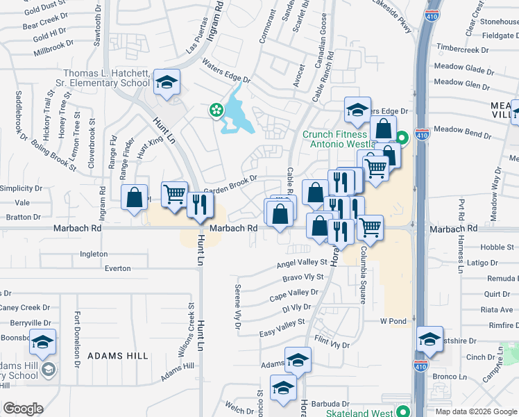map of restaurants, bars, coffee shops, grocery stores, and more near 8797 Marbach Road in San Antonio