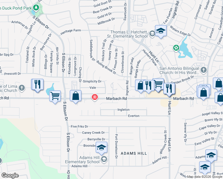 map of restaurants, bars, coffee shops, grocery stores, and more near 107 Autumn Pass in San Antonio