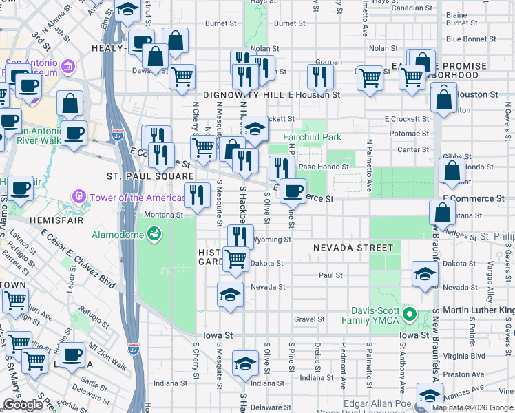 map of restaurants, bars, coffee shops, grocery stores, and more near 113 South Olive Street in San Antonio