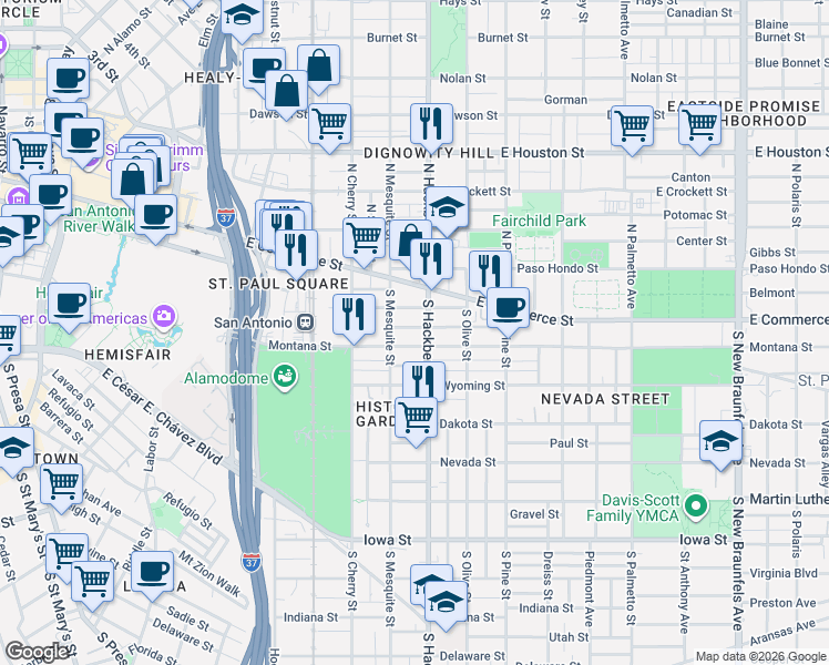 map of restaurants, bars, coffee shops, grocery stores, and more near 129 Omaha Street in San Antonio