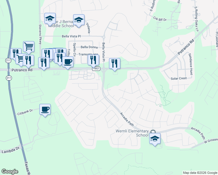 map of restaurants, bars, coffee shops, grocery stores, and more near 1302 Nicholas Cove in San Antonio