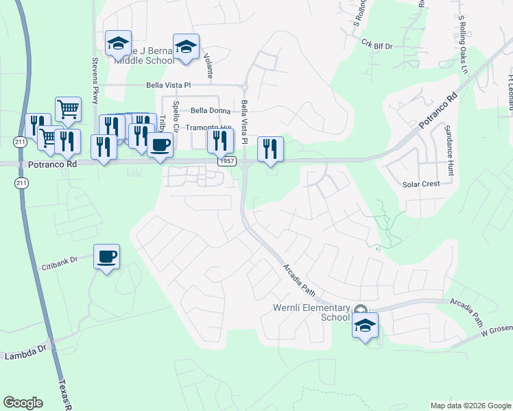 map of restaurants, bars, coffee shops, grocery stores, and more near 1302 Nicholas Cove in San Antonio