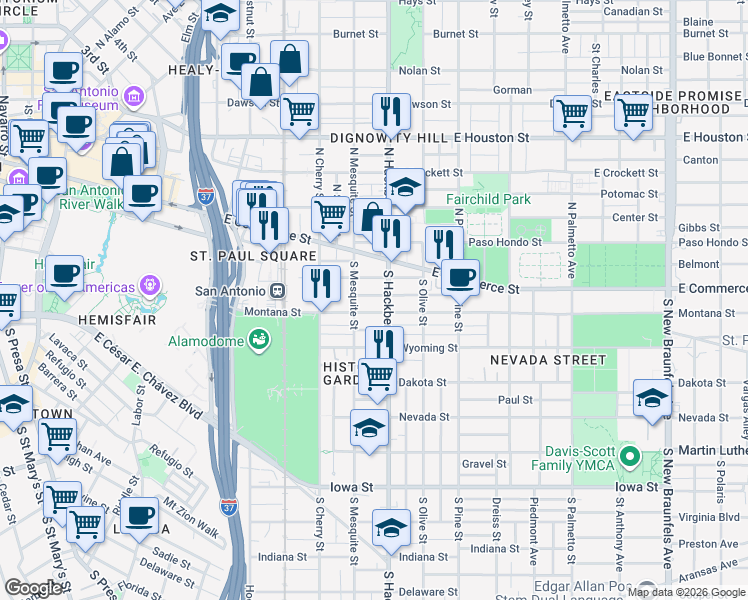 map of restaurants, bars, coffee shops, grocery stores, and more near 129 Omaha Street in San Antonio