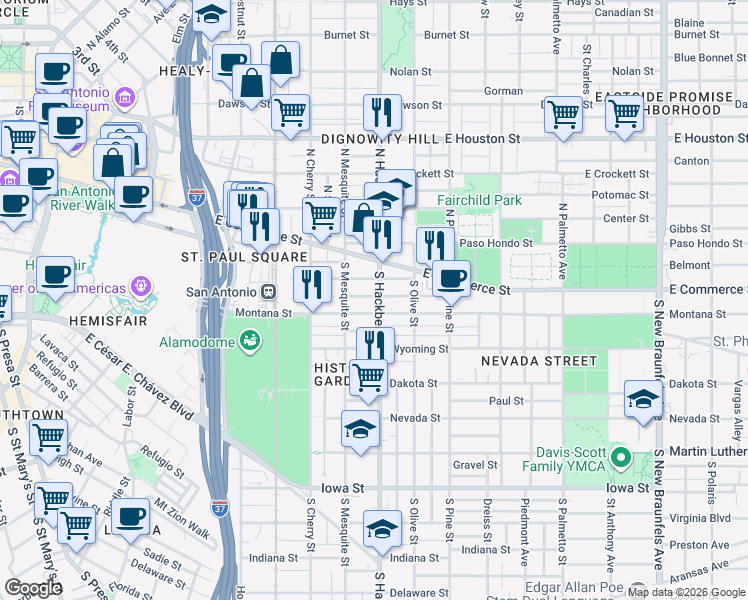 map of restaurants, bars, coffee shops, grocery stores, and more near 129 Omaha Street in San Antonio