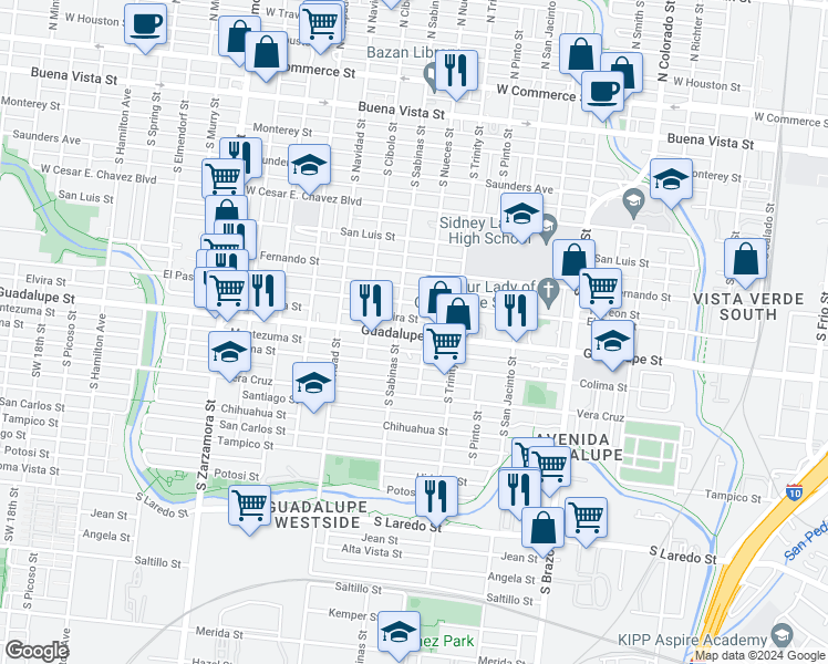 map of restaurants, bars, coffee shops, grocery stores, and more near 1807 Guadalupe St in San Antonio