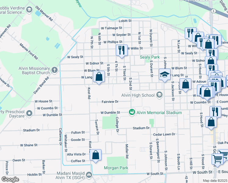 map of restaurants, bars, coffee shops, grocery stores, and more near 1401 West Adoue Street in Alvin