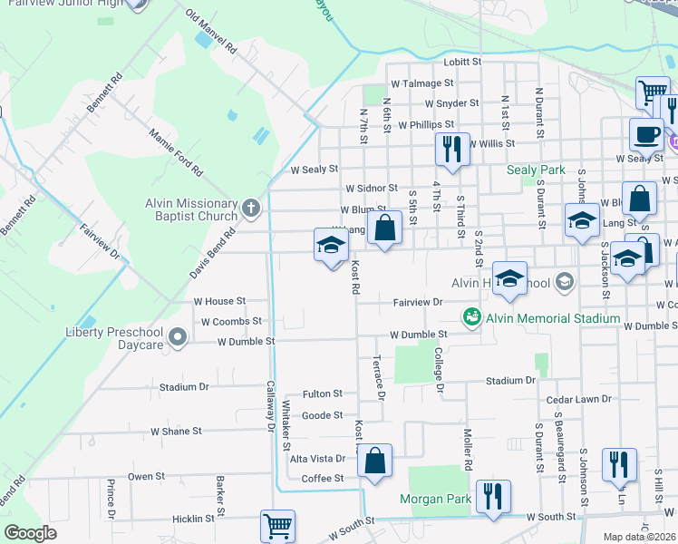 map of restaurants, bars, coffee shops, grocery stores, and more near 600 Kost Road in Alvin
