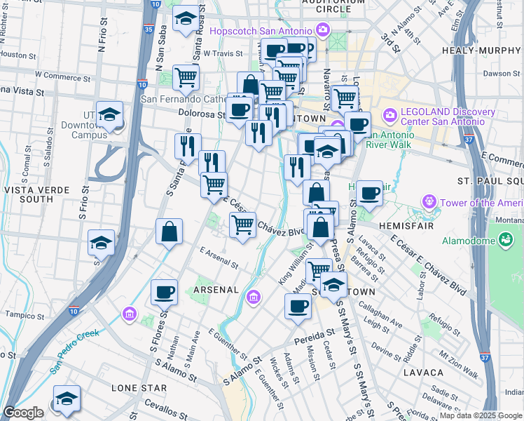 map of restaurants, bars, coffee shops, grocery stores, and more near 506 South Main Avenue in San Antonio