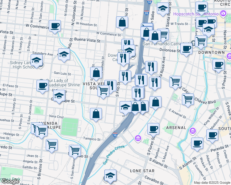 map of restaurants, bars, coffee shops, grocery stores, and more near 510 San Fernando Street in San Antonio