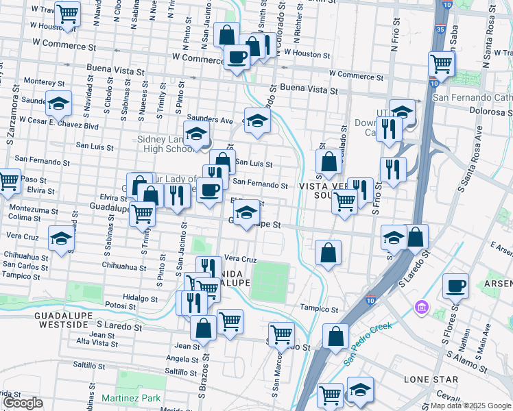 map of restaurants, bars, coffee shops, grocery stores, and more near in San Antonio