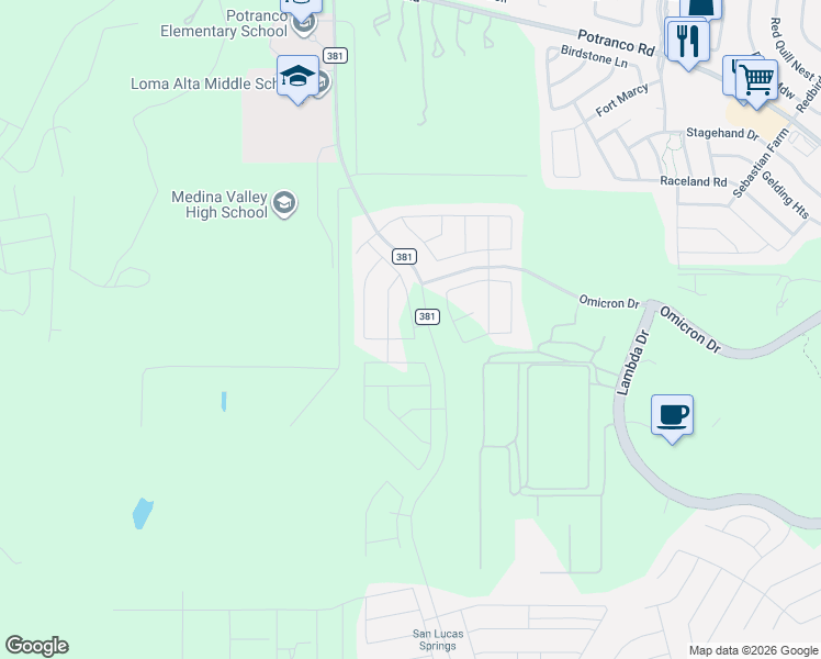 map of restaurants, bars, coffee shops, grocery stores, and more near 205 Hunters Brook in San Antonio
