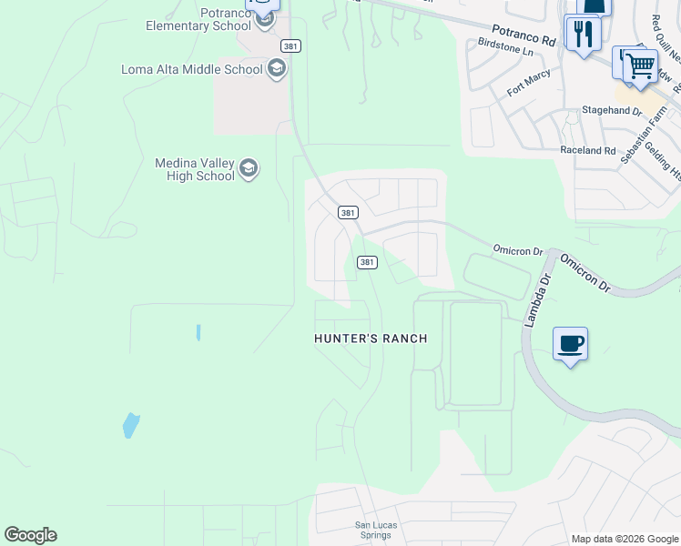 map of restaurants, bars, coffee shops, grocery stores, and more near 232 Hunters Brook in San Antonio