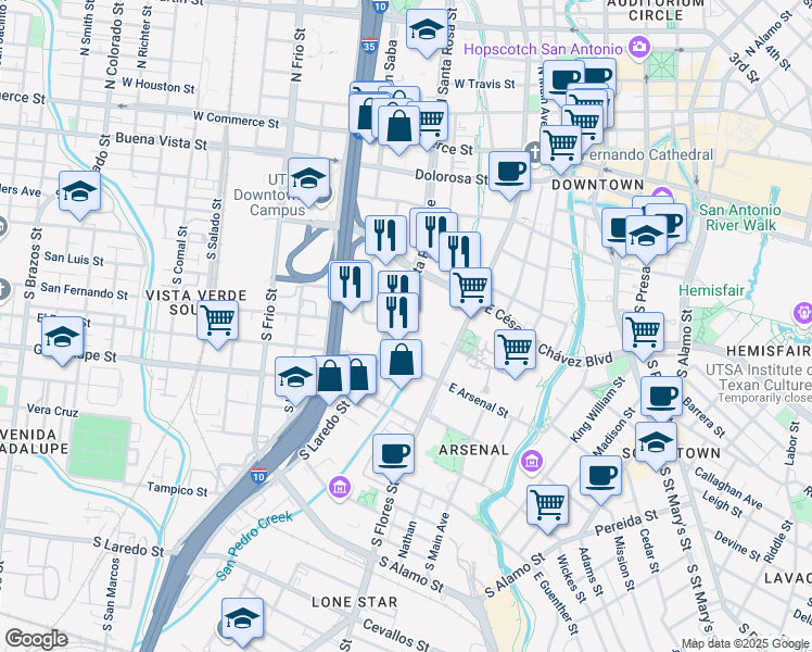 map of restaurants, bars, coffee shops, grocery stores, and more near 620 South Santa Rosa Avenue in San Antonio