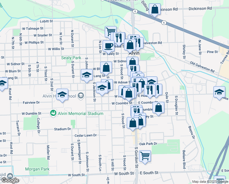 map of restaurants, bars, coffee shops, grocery stores, and more near 403 West Cleveland Street in Alvin
