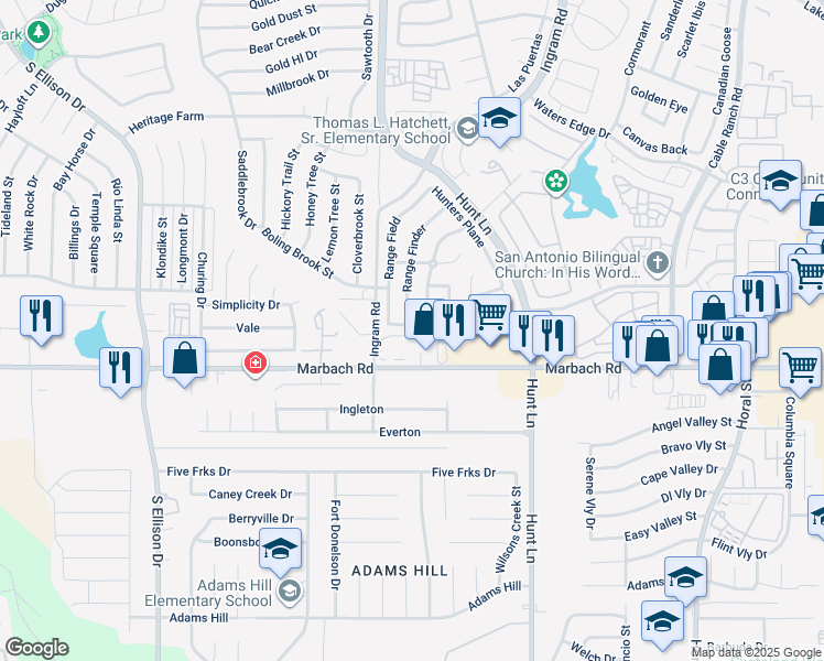 map of restaurants, bars, coffee shops, grocery stores, and more near 1538 Range Field in San Antonio