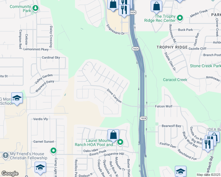 map of restaurants, bars, coffee shops, grocery stores, and more near 1423 Bluejay Court in San Antonio