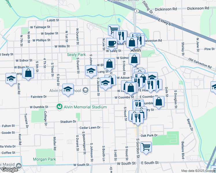 map of restaurants, bars, coffee shops, grocery stores, and more near 511 West Cleveland Street in Alvin