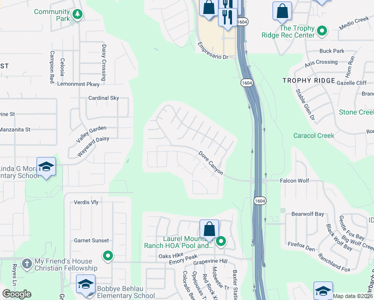 map of restaurants, bars, coffee shops, grocery stores, and more near 11335 Creek Eagle in San Antonio