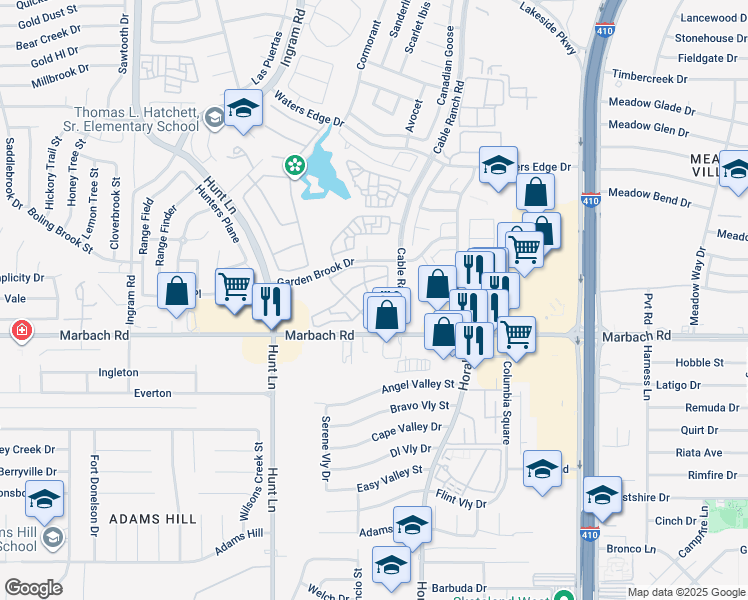 map of restaurants, bars, coffee shops, grocery stores, and more near 8797 Marbach Road in San Antonio