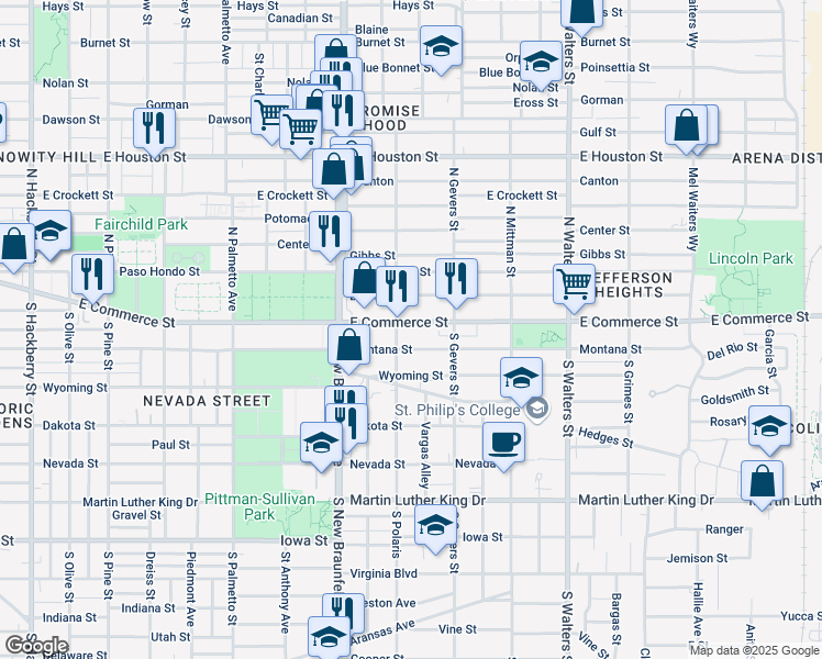 map of restaurants, bars, coffee shops, grocery stores, and more near 2314 East Commerce Street in San Antonio
