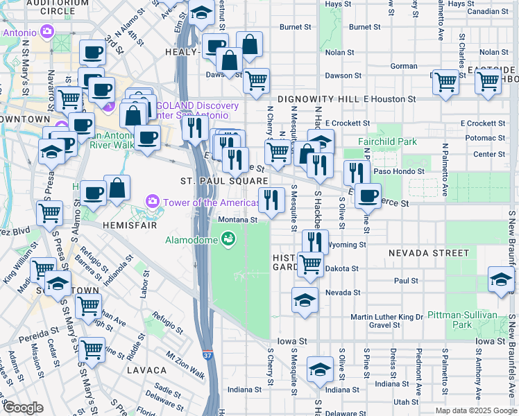 map of restaurants, bars, coffee shops, grocery stores, and more near 223 South Cherry Street in San Antonio