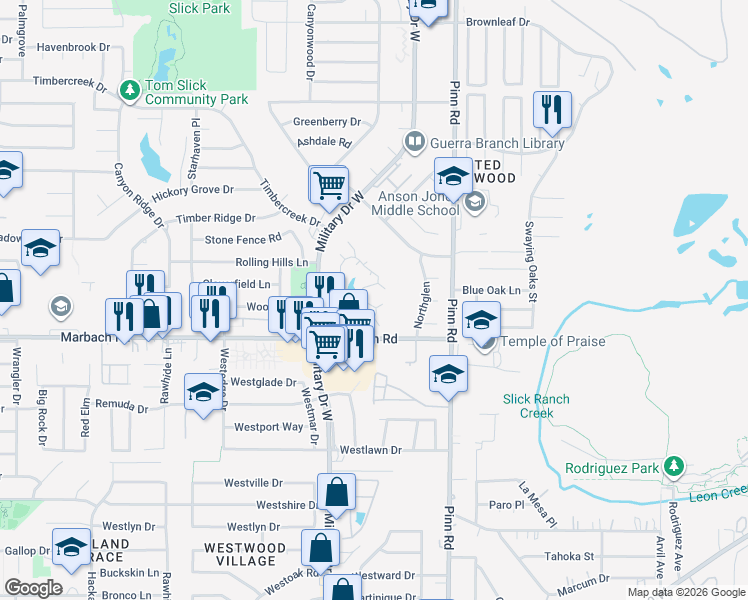 map of restaurants, bars, coffee shops, grocery stores, and more near 62 Pvt Road in San Antonio