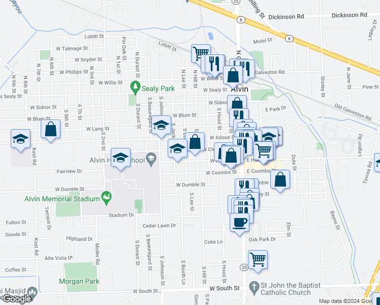 map of restaurants, bars, coffee shops, grocery stores, and more near 519 South Lee Street in Alvin