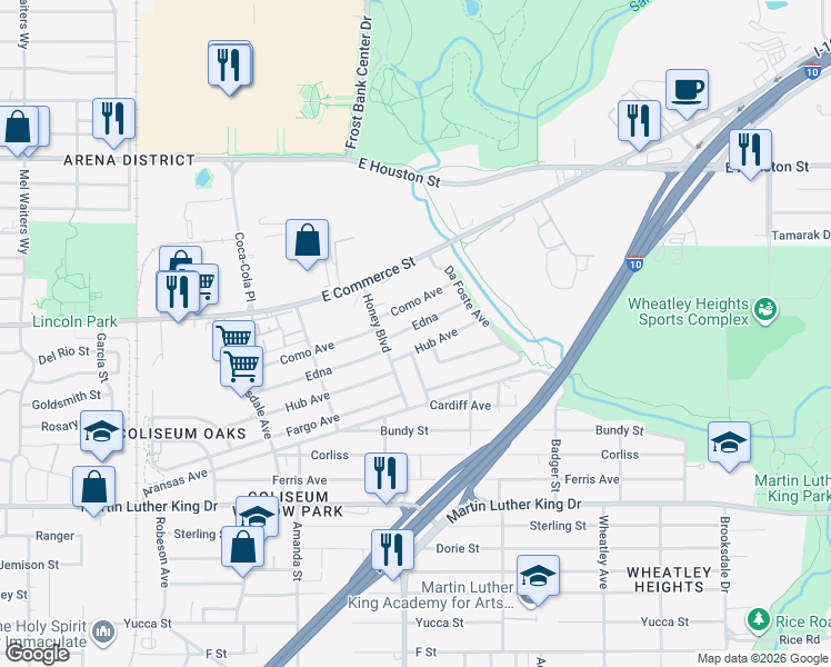 map of restaurants, bars, coffee shops, grocery stores, and more near 419 Edna in San Antonio
