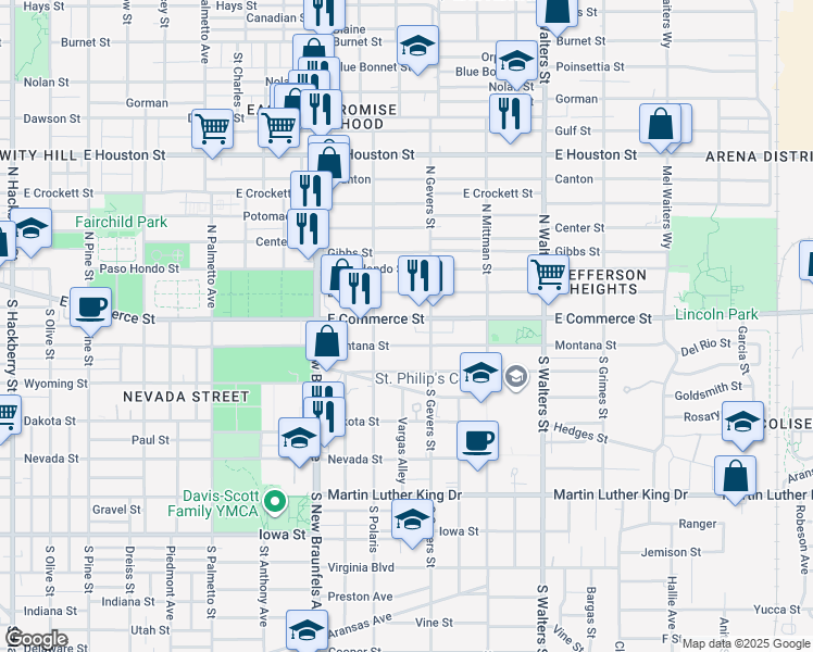 map of restaurants, bars, coffee shops, grocery stores, and more near 2351e East Commerce Street in San Antonio