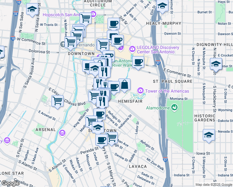 map of restaurants, bars, coffee shops, grocery stores, and more near 630 East Nueva Street in San Antonio