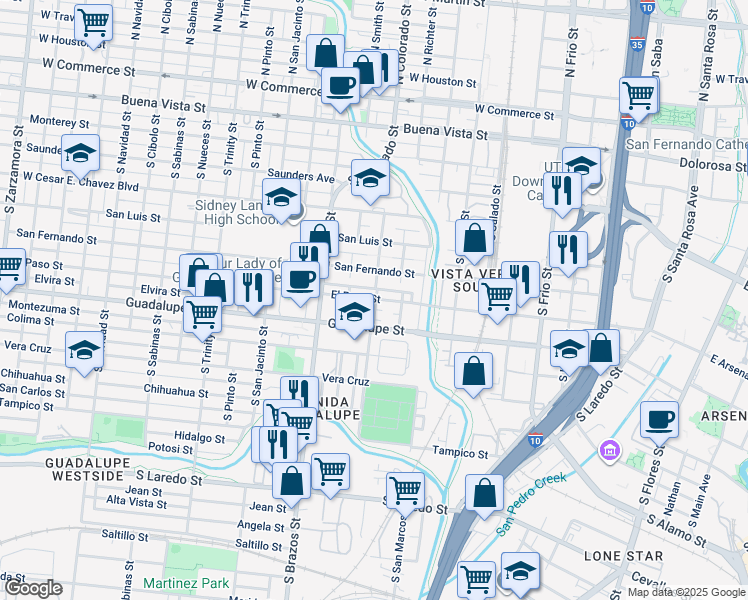 map of restaurants, bars, coffee shops, grocery stores, and more near in San Antonio