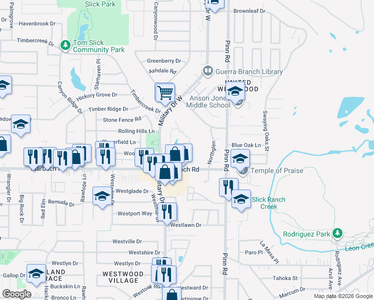 map of restaurants, bars, coffee shops, grocery stores, and more near 62 Pvt Road in San Antonio