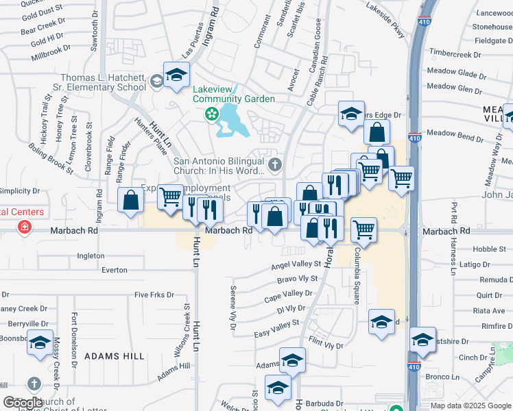 map of restaurants, bars, coffee shops, grocery stores, and more near 8797 Marbach Road in San Antonio
